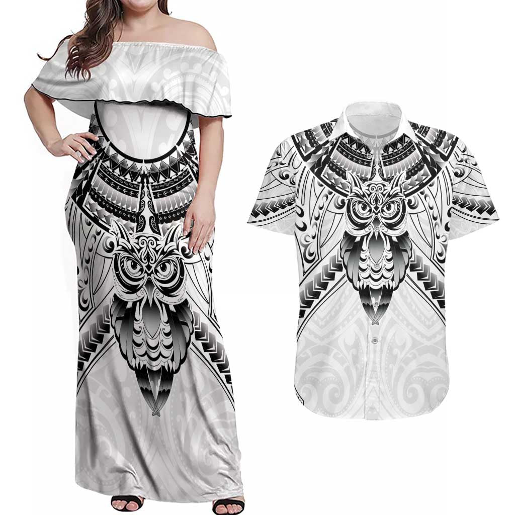 New Zealand Morepork Couples Matching Off Shoulder Maxi Dress and Hawaiian Shirt Maori Pattern White LT05 White - Polynesian Pride
