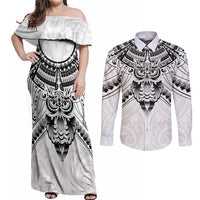 New Zealand Morepork Couples Matching Off Shoulder Maxi Dress and Long Sleeve Button Shirt Maori Pattern White
