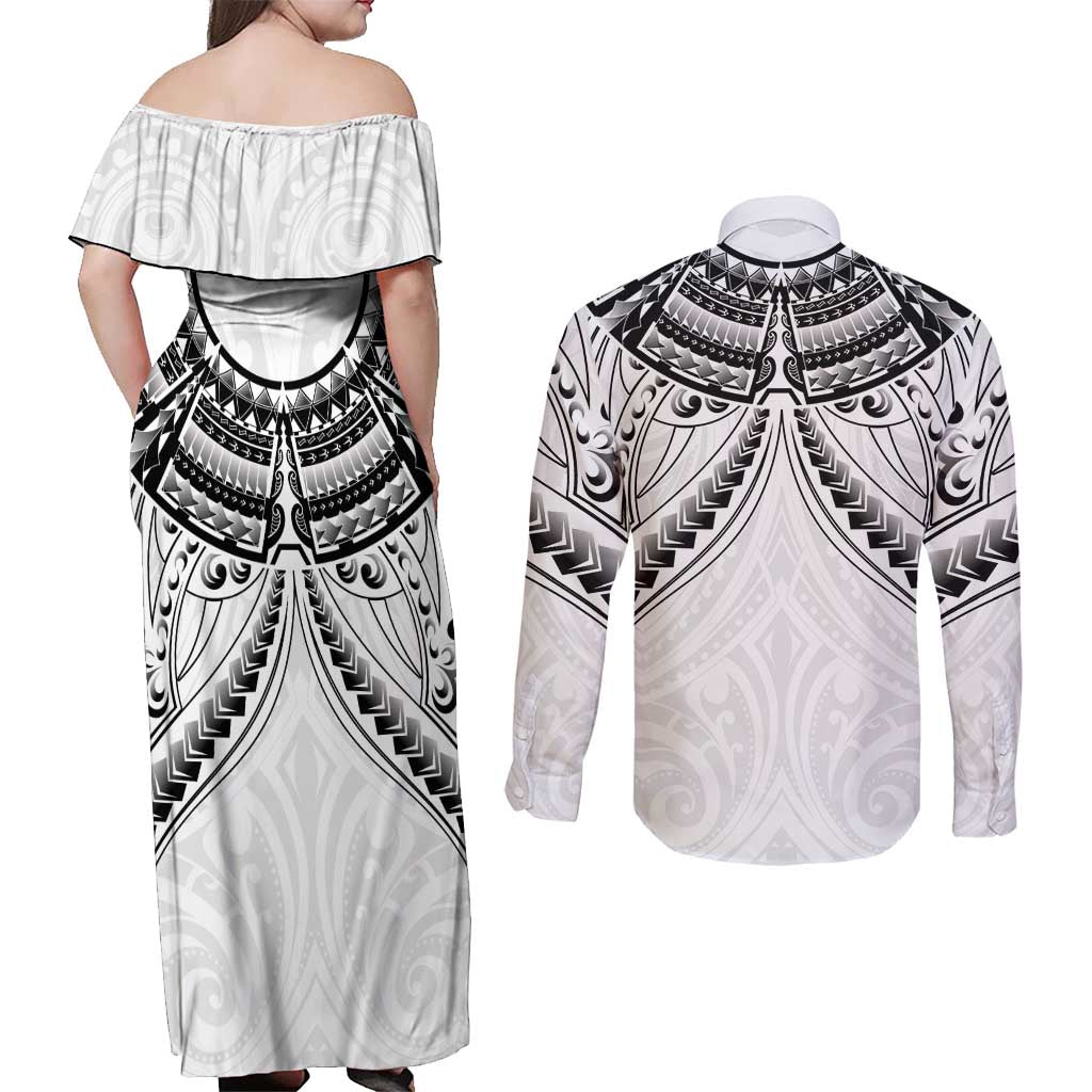 New Zealand Morepork Couples Matching Off Shoulder Maxi Dress and Long Sleeve Button Shirt Maori Pattern White
