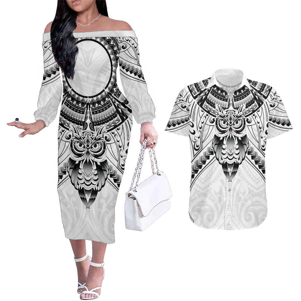 New Zealand Morepork Couples Matching Off The Shoulder Long Sleeve Dress and Hawaiian Shirt Maori Pattern White LT05 White - Polynesian Pride