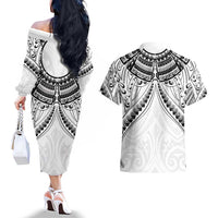 New Zealand Morepork Couples Matching Off The Shoulder Long Sleeve Dress and Hawaiian Shirt Maori Pattern White LT05 - Polynesian Pride