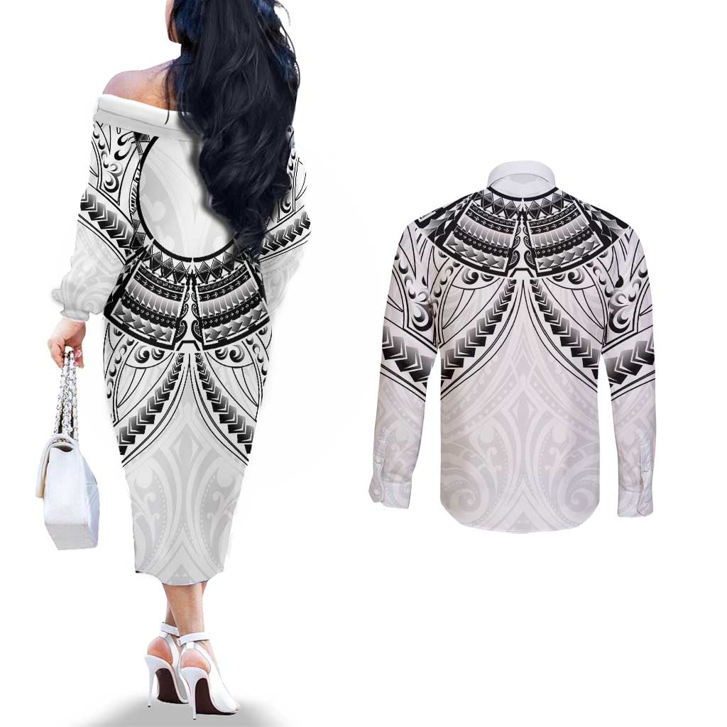 New Zealand Morepork Couples Matching Off The Shoulder Long Sleeve Dress and Long Sleeve Button Shirt Maori Pattern White LT05 - Polynesian Pride