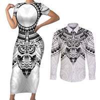 New Zealand Morepork Couples Matching Short Sleeve Bodycon Dress and Long Sleeve Button Shirt Maori Pattern White LT05 White - Polynesian Pride