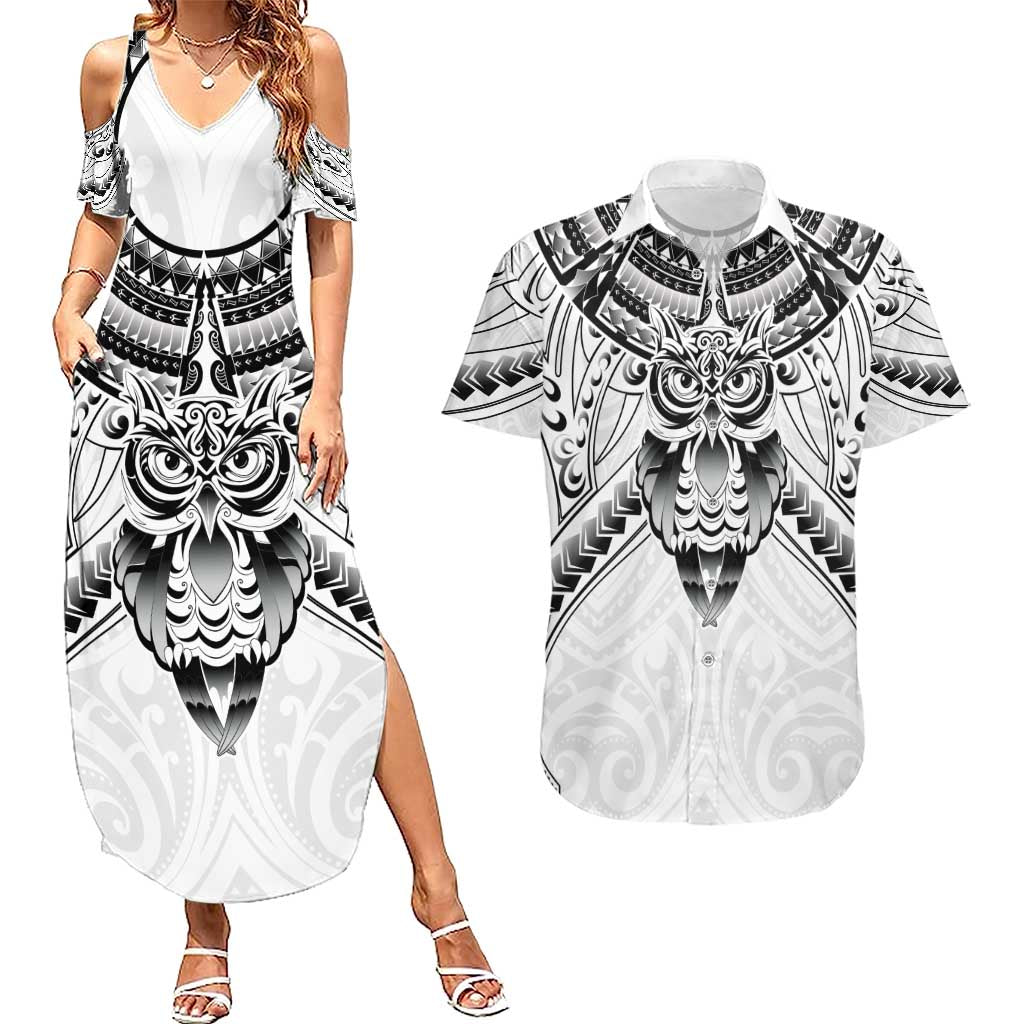 New Zealand Morepork Couples Matching Summer Maxi Dress and Hawaiian Shirt Maori Pattern White LT05 White - Polynesian Pride