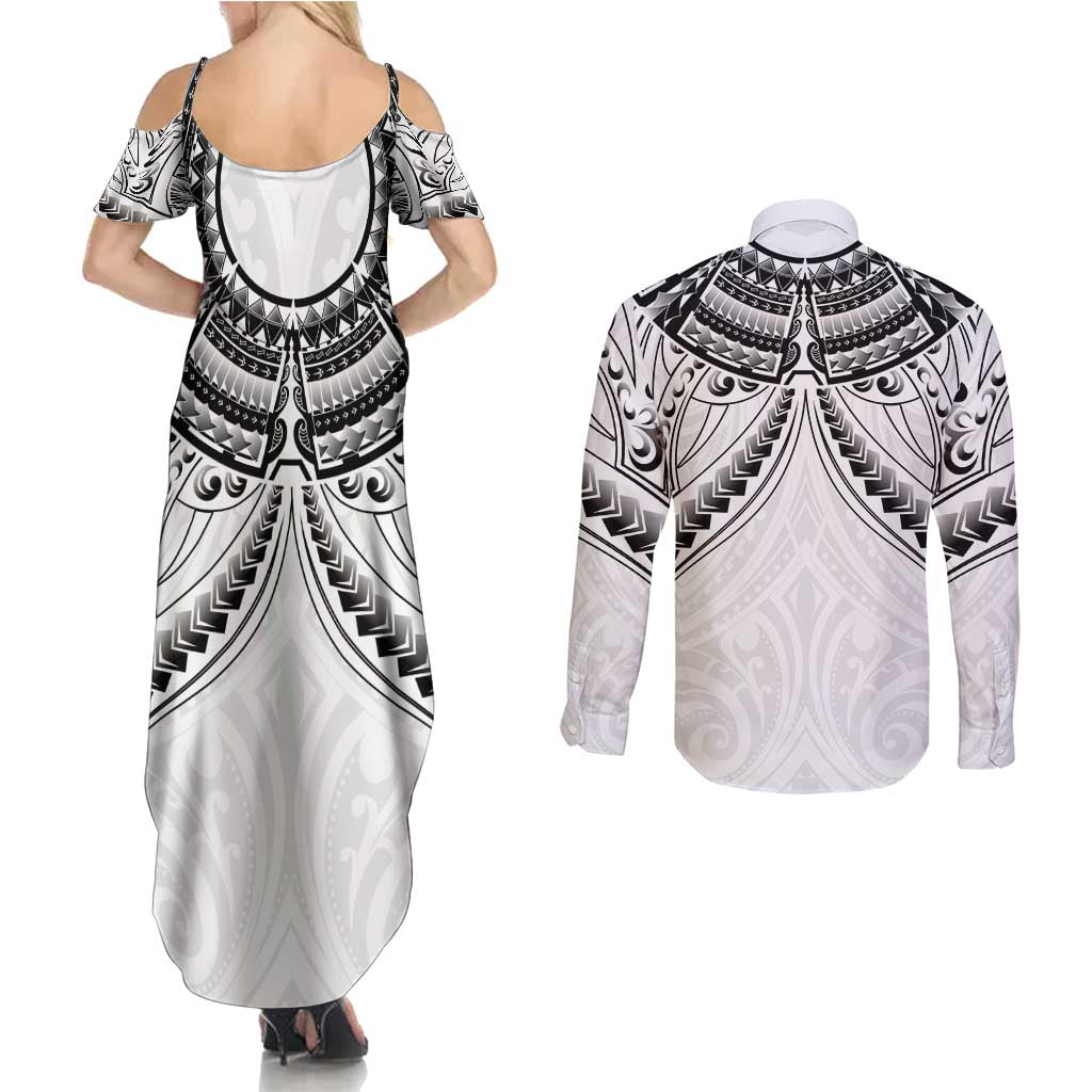 New Zealand Morepork Couples Matching Summer Maxi Dress and Long Sleeve Button Shirt Maori Pattern White