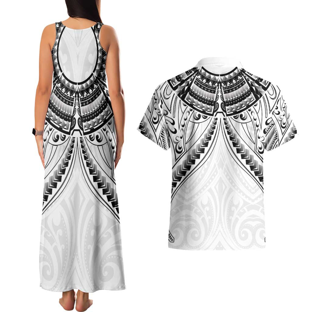 New Zealand Morepork Couples Matching Tank Maxi Dress and Hawaiian Shirt Maori Pattern White LT05 - Polynesian Pride