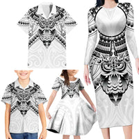 New Zealand Morepork Family Matching Long Sleeve Bodycon Dress and Hawaiian Shirt Maori Pattern White LT05 - Polynesian Pride