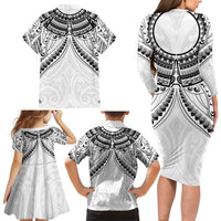 New Zealand Morepork Family Matching Long Sleeve Bodycon Dress and Hawaiian Shirt Maori Pattern White LT05 - Polynesian Pride