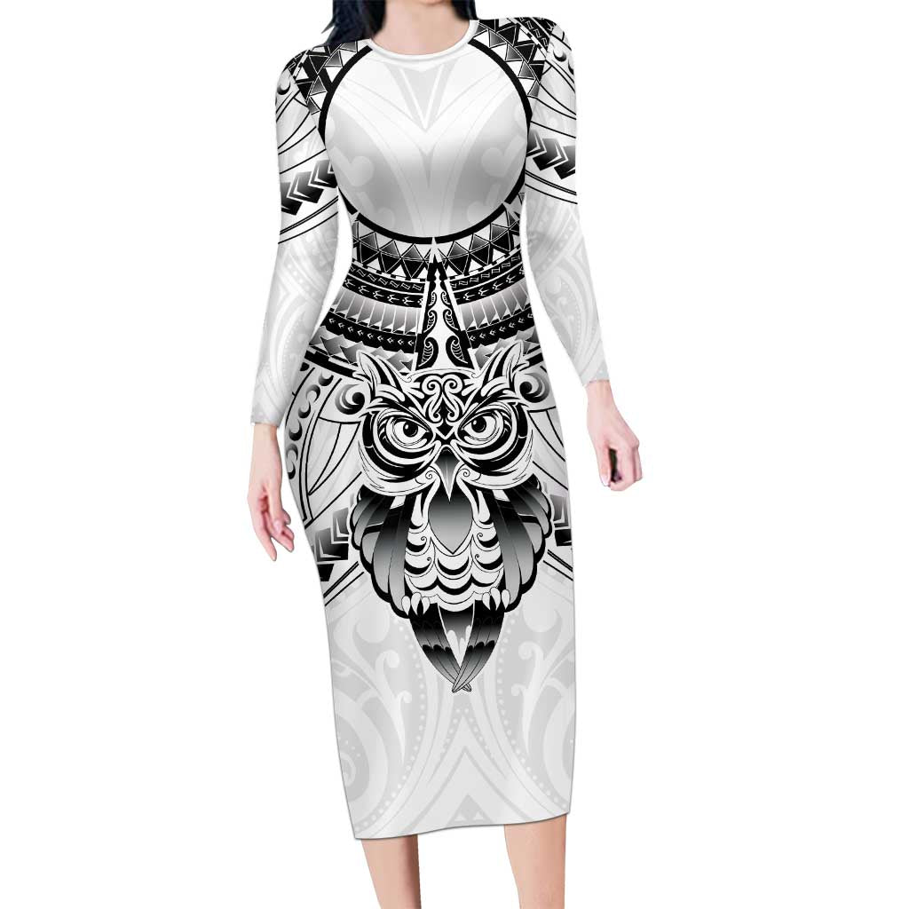 New Zealand Morepork Family Matching Long Sleeve Bodycon Dress and Hawaiian Shirt Maori Pattern White LT05 Mom's Dress White - Polynesian Pride