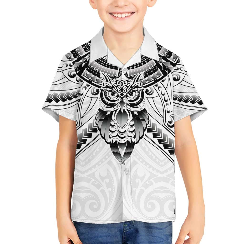 New Zealand Morepork Family Matching Long Sleeve Bodycon Dress and Hawaiian Shirt Maori Pattern White LT05 Son's Shirt White - Polynesian Pride