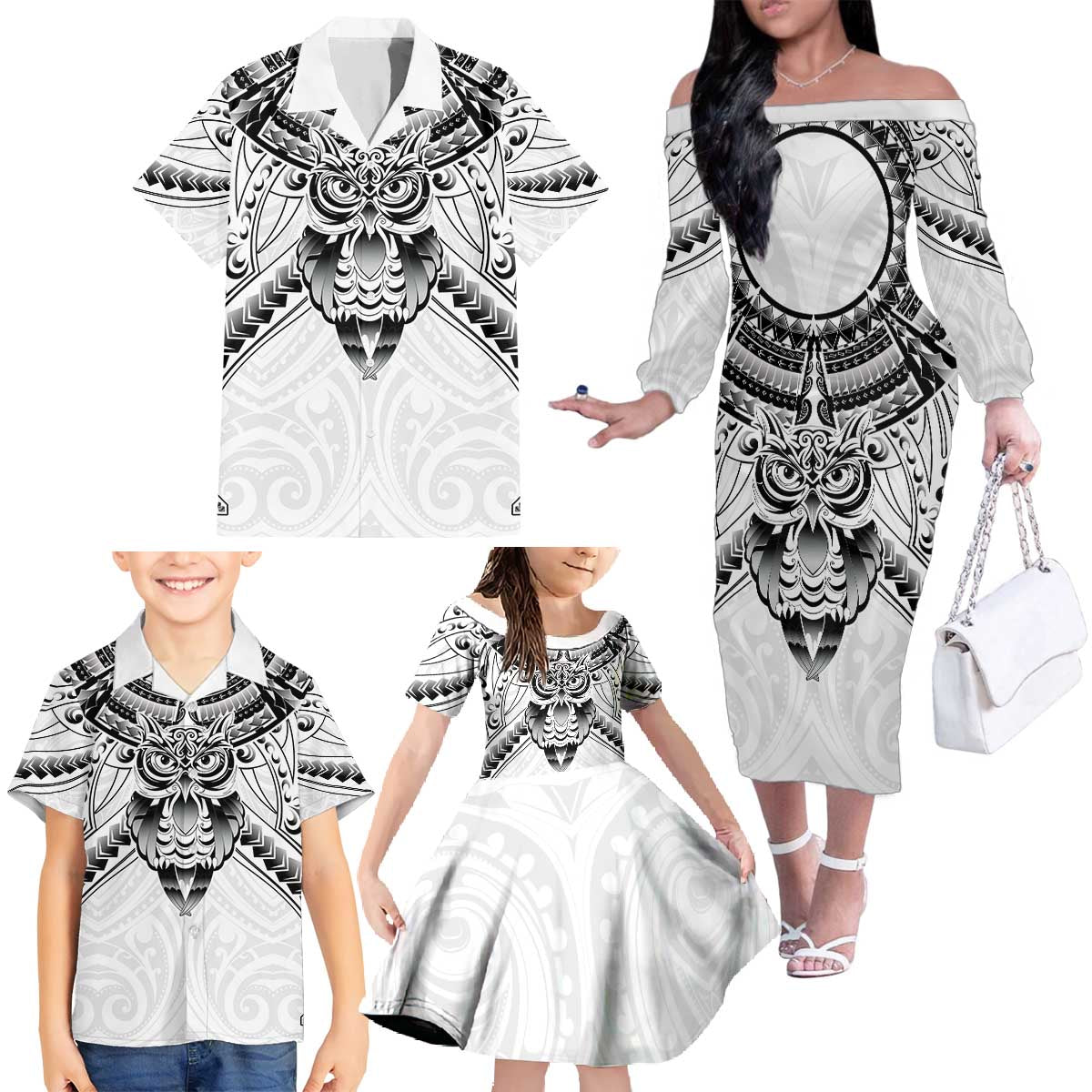 New Zealand Morepork Family Matching Off The Shoulder Long Sleeve Dress and Hawaiian Shirt Maori Pattern White LT05 - Polynesian Pride