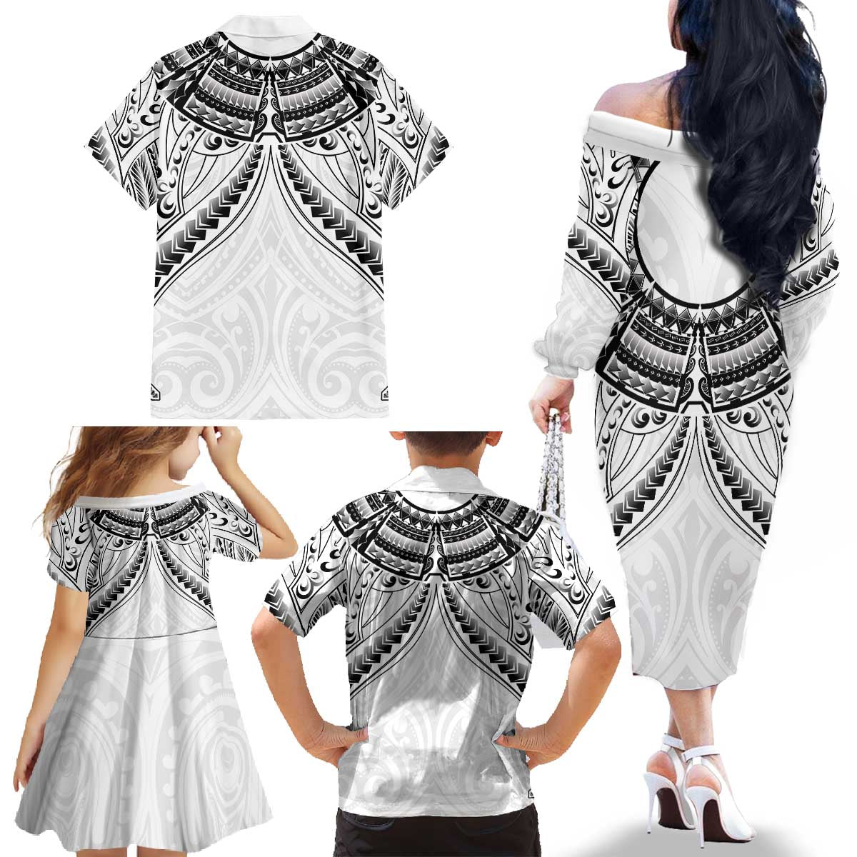 New Zealand Morepork Family Matching Off The Shoulder Long Sleeve Dress and Hawaiian Shirt Maori Pattern White LT05 - Polynesian Pride