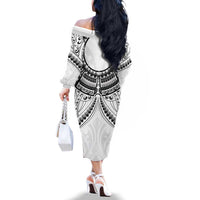 New Zealand Morepork Family Matching Off The Shoulder Long Sleeve Dress and Hawaiian Shirt Maori Pattern White LT05 - Polynesian Pride