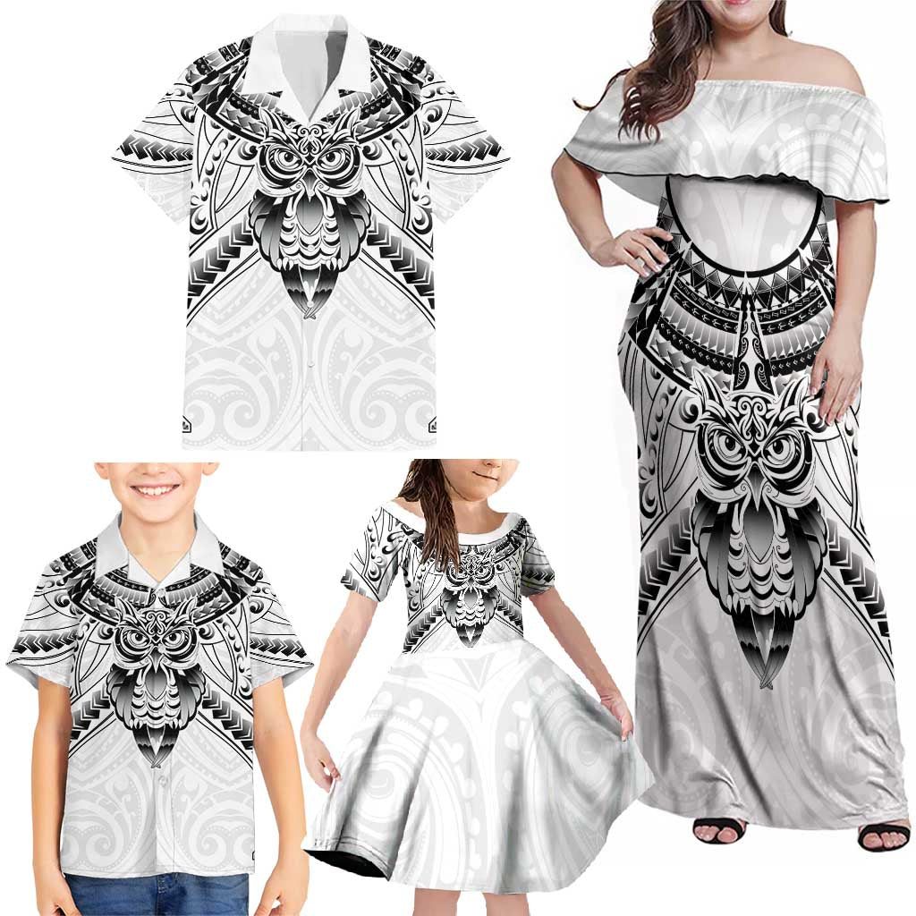 New Zealand Morepork Family Matching Off Shoulder Maxi Dress and Hawaiian Shirt Maori Pattern White LT05 - Polynesian Pride