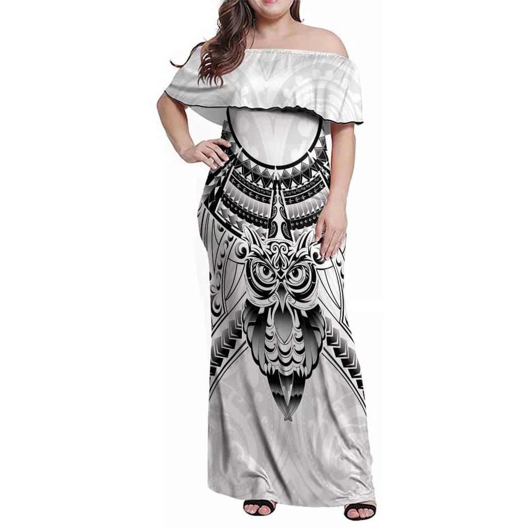 New Zealand Morepork Family Matching Off Shoulder Maxi Dress and Hawaiian Shirt Maori Pattern White LT05 Mom's Dress White - Polynesian Pride