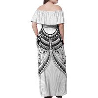New Zealand Morepork Family Matching Off Shoulder Maxi Dress and Hawaiian Shirt Maori Pattern White LT05 - Polynesian Pride