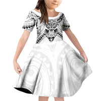 New Zealand Morepork Family Matching Off Shoulder Short Dress and Hawaiian Shirt Maori Pattern White LT05 Daughter's Dress White - Polynesian Pride