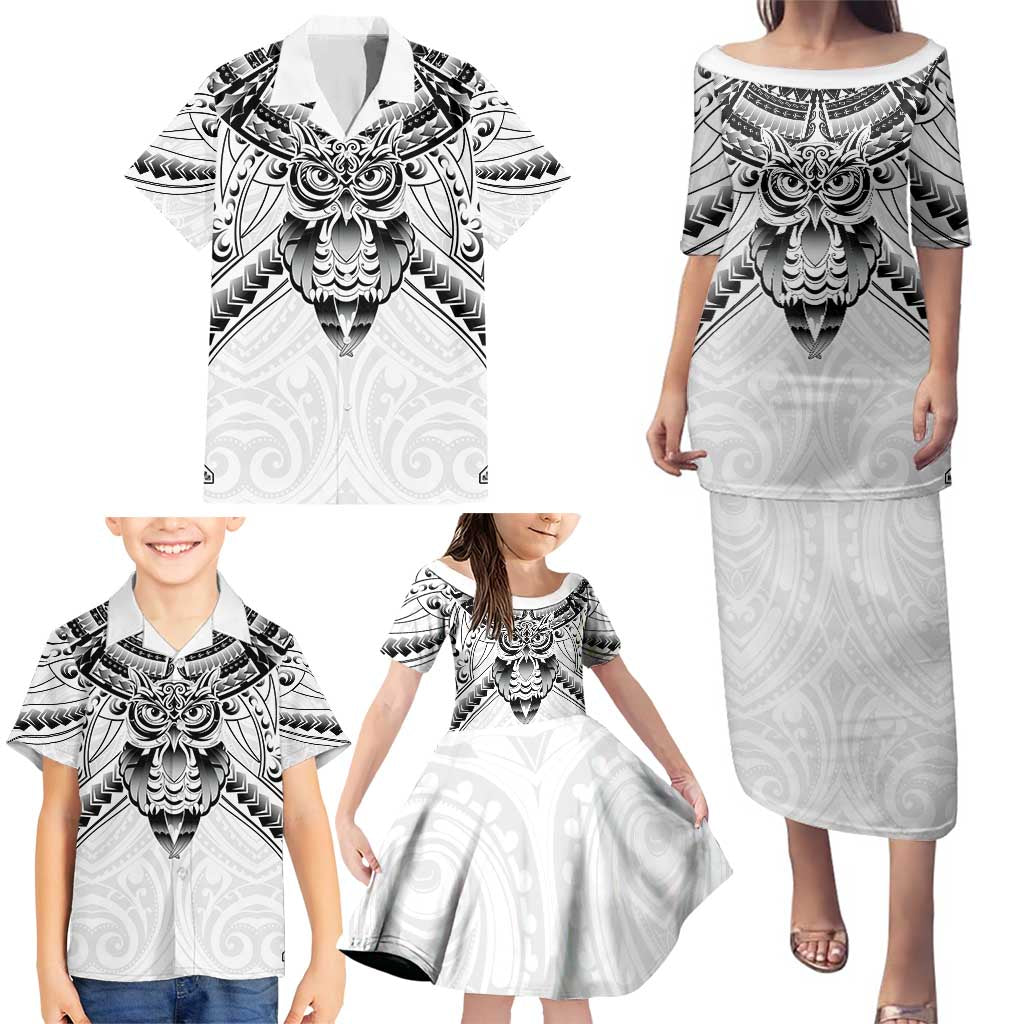 New Zealand Morepork Family Matching Puletasi and Hawaiian Shirt Maori Pattern White LT05 - Polynesian Pride