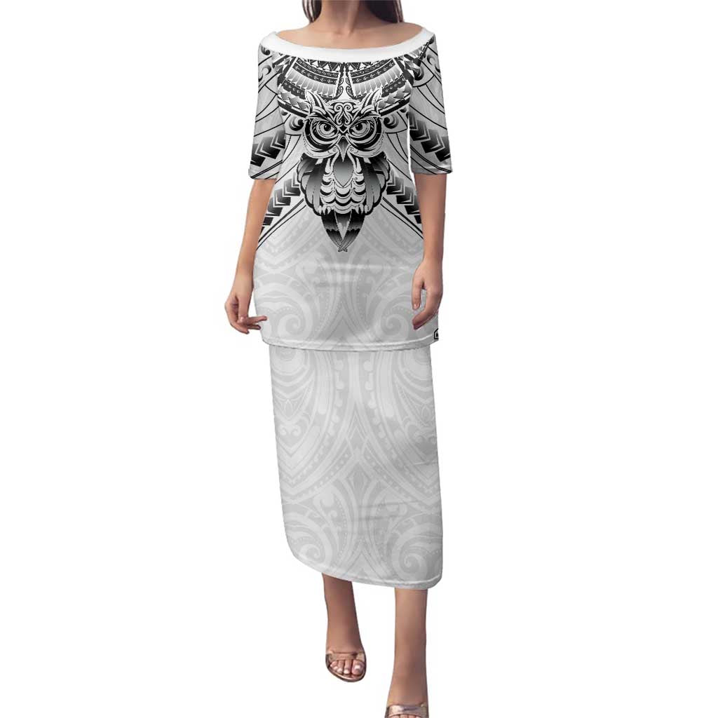 New Zealand Morepork Family Matching Puletasi and Hawaiian Shirt Maori Pattern White LT05 Mom's Dress White - Polynesian Pride