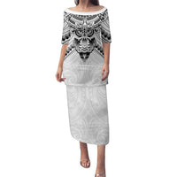 New Zealand Morepork Family Matching Puletasi and Hawaiian Shirt Maori Pattern White LT05 Mom's Dress White - Polynesian Pride