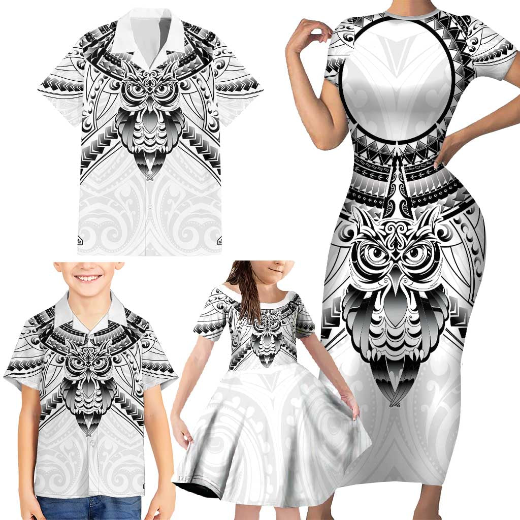 New Zealand Morepork Family Matching Short Sleeve Bodycon Dress and Hawaiian Shirt Maori Pattern White LT05 - Polynesian Pride