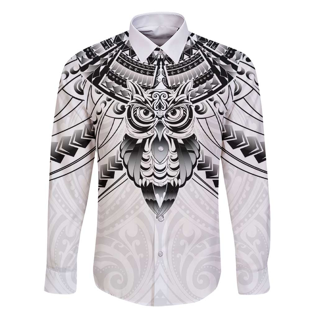 New Zealand Morepork Family Matching Short Sleeve Bodycon Dress and Hawaiian Shirt Maori Pattern White LT05 Dad's Shirt - Long Sleeve White - Polynesian Pride