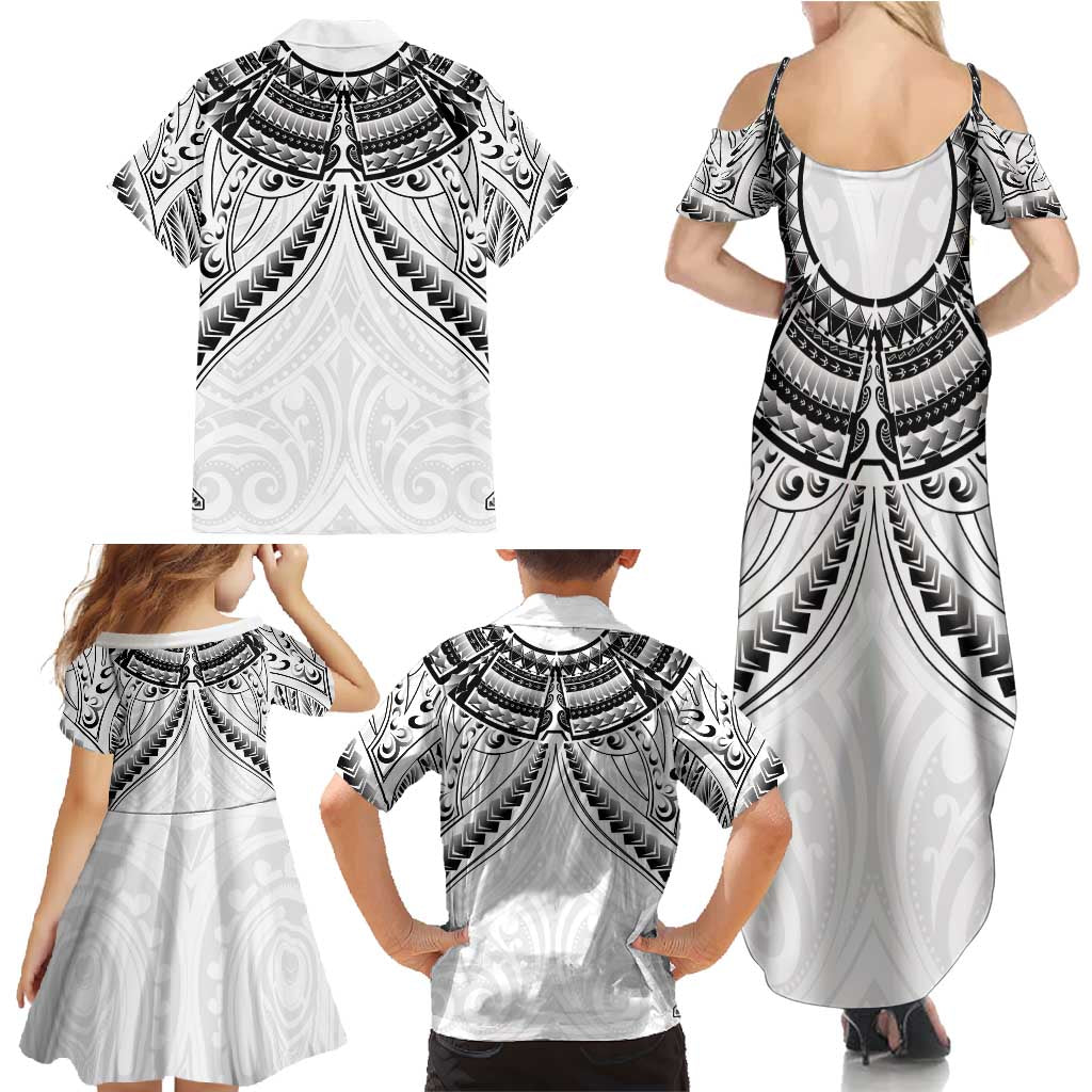 New Zealand Morepork Family Matching Summer Maxi Dress and Hawaiian Shirt Maori Pattern White LT05 - Polynesian Pride