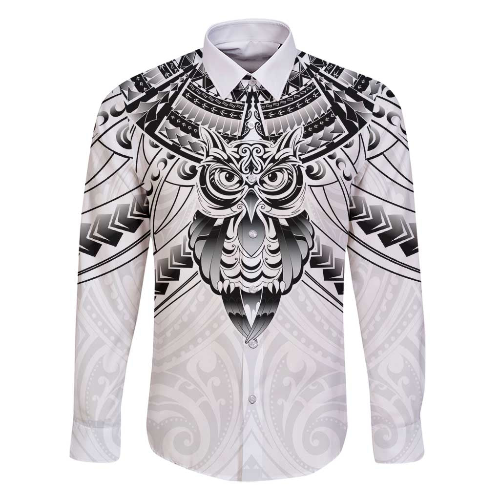 New Zealand Morepork Family Matching Summer Maxi Dress and Hawaiian Shirt Maori Pattern White LT05 Dad's Shirt - Long Sleeve White - Polynesian Pride