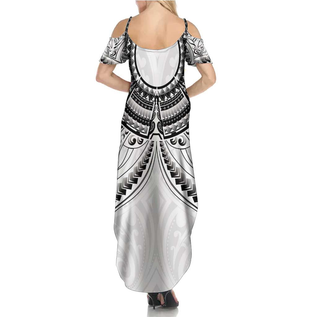 New Zealand Morepork Family Matching Summer Maxi Dress and Hawaiian Shirt Maori Pattern White LT05 - Polynesian Pride