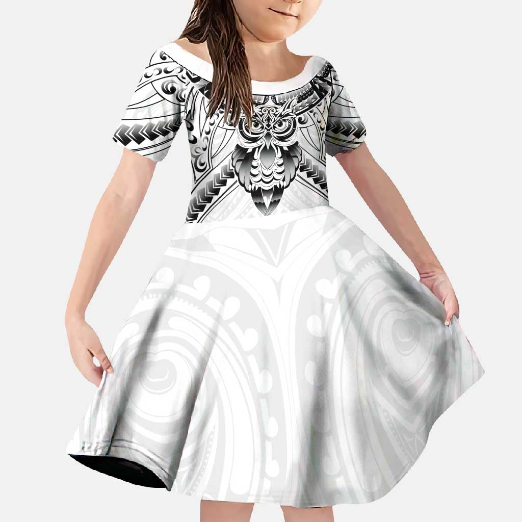 New Zealand Morepork Family Matching Tank Maxi Dress and Hawaiian Shirt Maori Pattern White LT05 Daughter's Dress White - Polynesian Pride