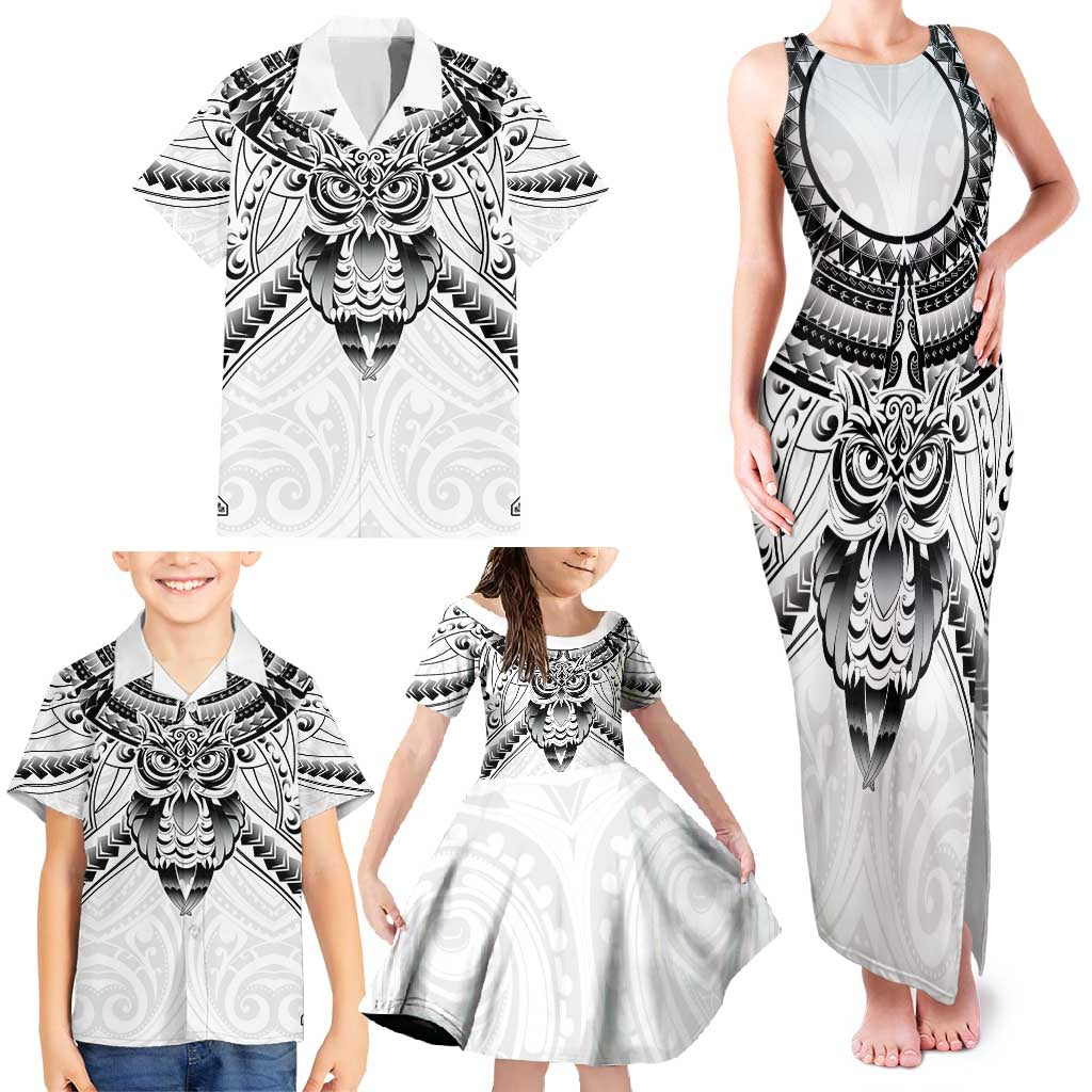 New Zealand Morepork Family Matching Tank Maxi Dress and Hawaiian Shirt Maori Pattern White LT05 - Polynesian Pride