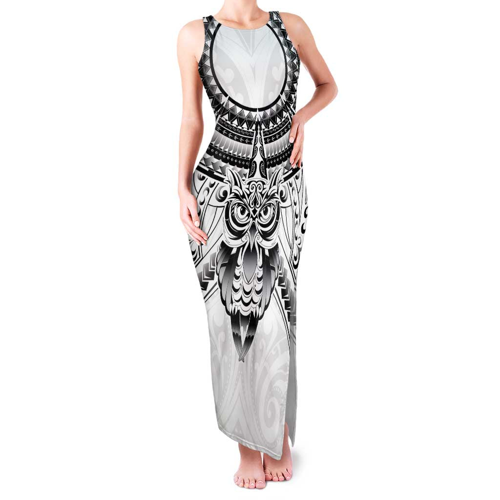 New Zealand Morepork Family Matching Tank Maxi Dress and Hawaiian Shirt Maori Pattern White LT05 Mom's Dress White - Polynesian Pride