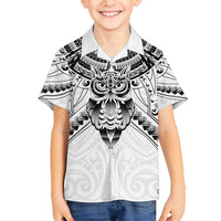 New Zealand Morepork Family Matching Tank Maxi Dress and Hawaiian Shirt Maori Pattern White LT05 Son's Shirt White - Polynesian Pride