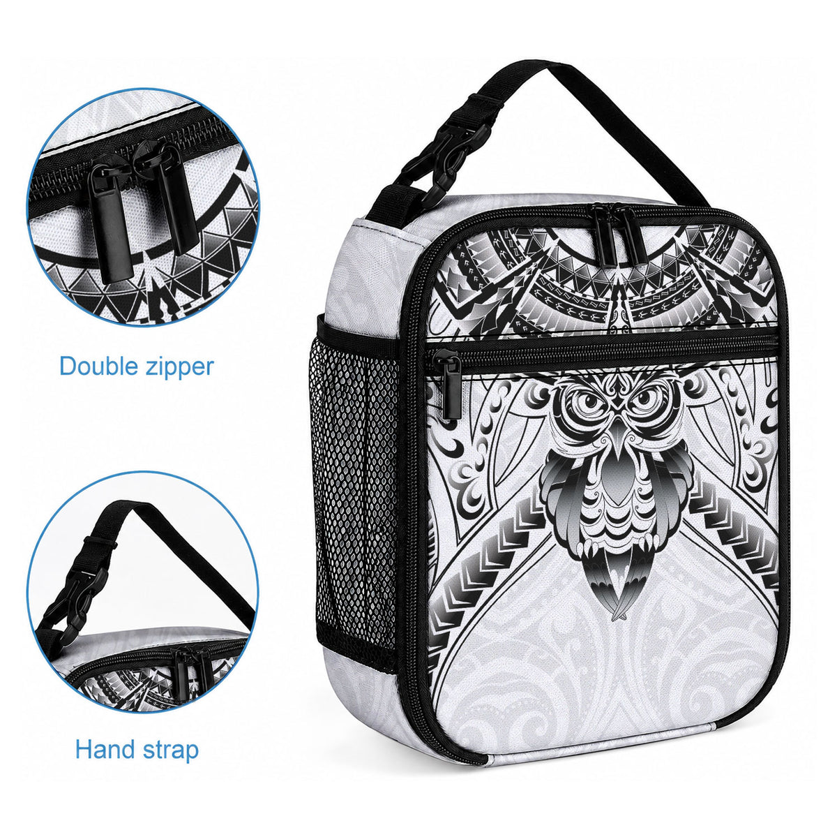 New Zealand Morepork Lunch Bag Maori Pattern White LT05 - Polynesian Pride