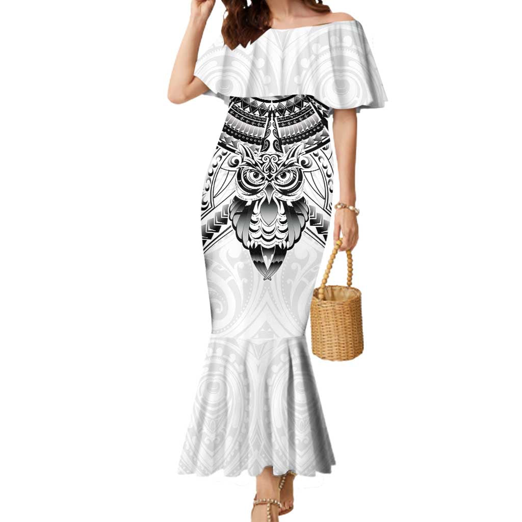 New Zealand Morepork Mermaid Dress Maori Pattern White