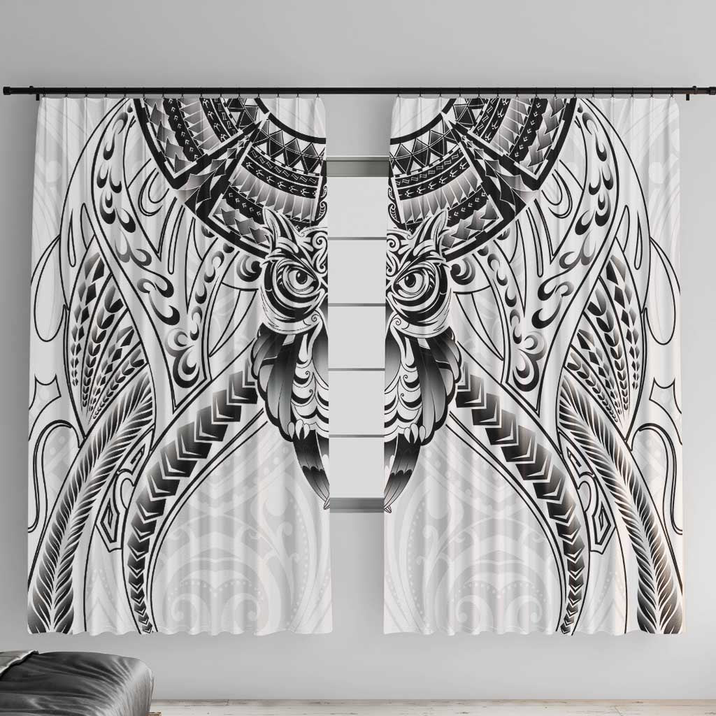 New Zealand Morepork Window Curtain Maori Pattern White LT05 With Hooks White - Polynesian Pride