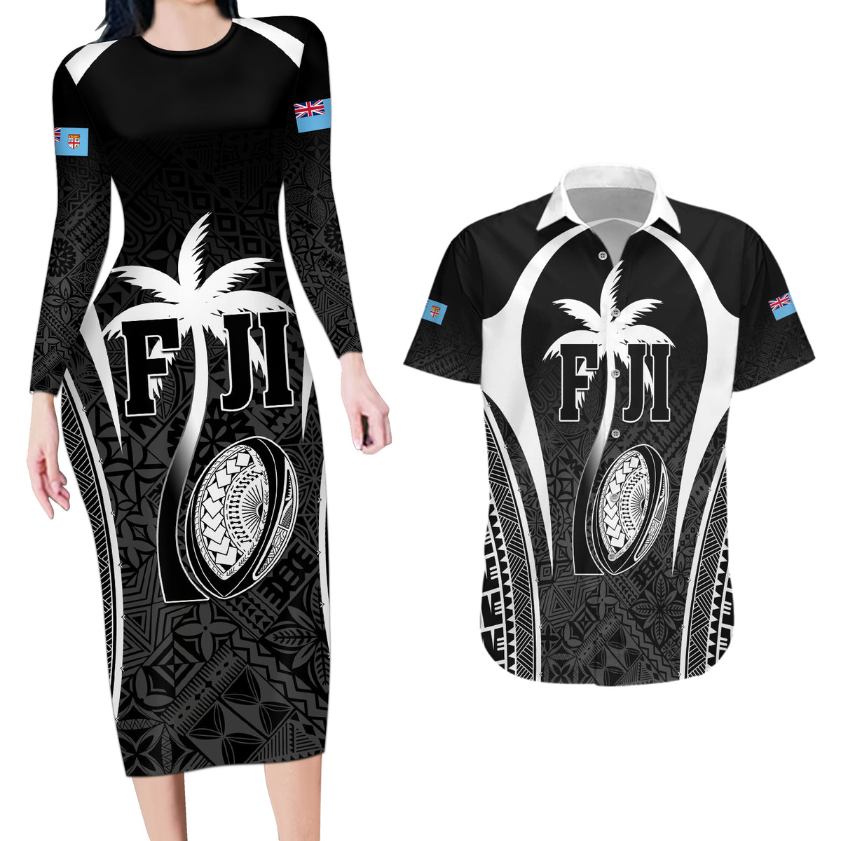 Custom Fiji Rugby Couples Matching Long Sleeve Bodycon Dress and Hawaiian Shirt Fijian Warrior Black LT05 Black - Polynesian Pride