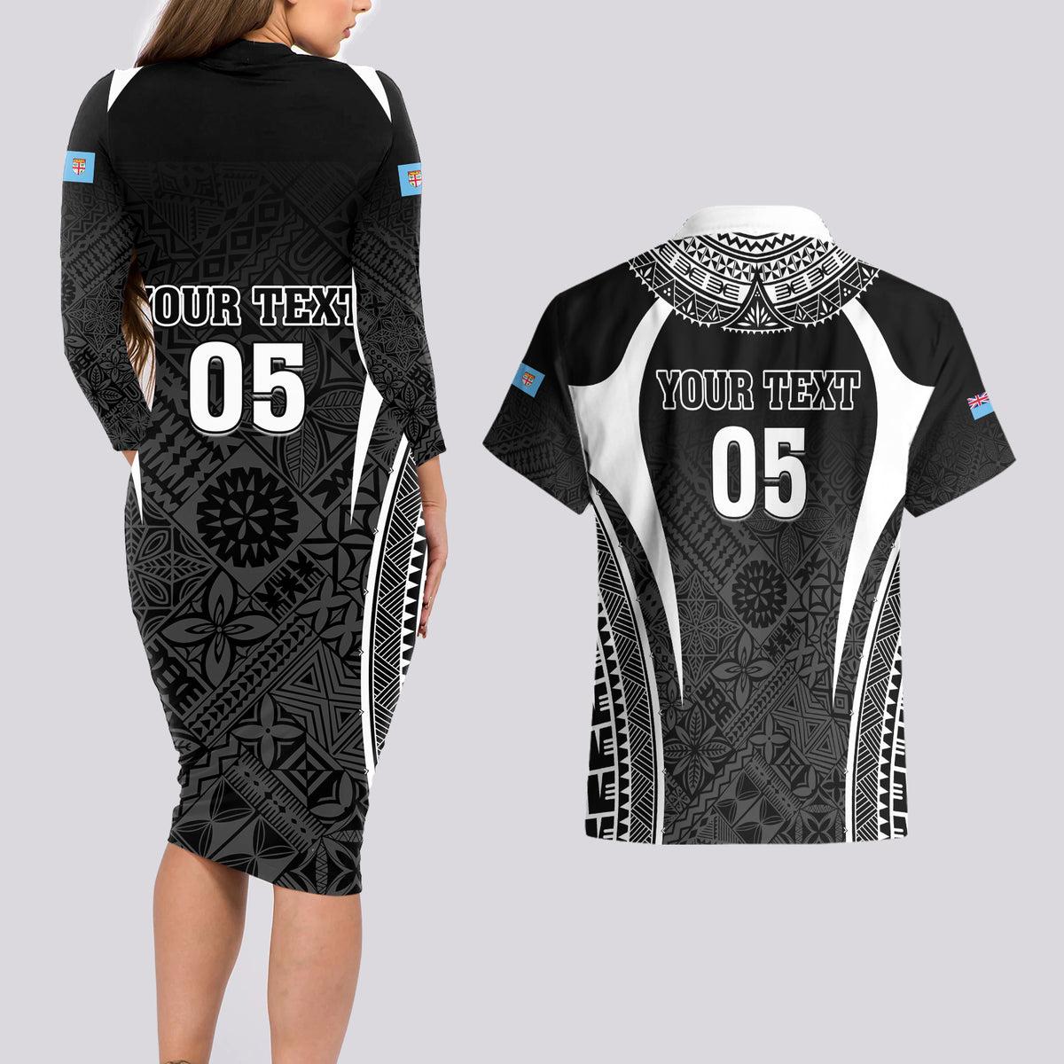 Custom Fiji Rugby Couples Matching Long Sleeve Bodycon Dress and Hawaiian Shirt Fijian Warrior Black LT05 - Polynesian Pride