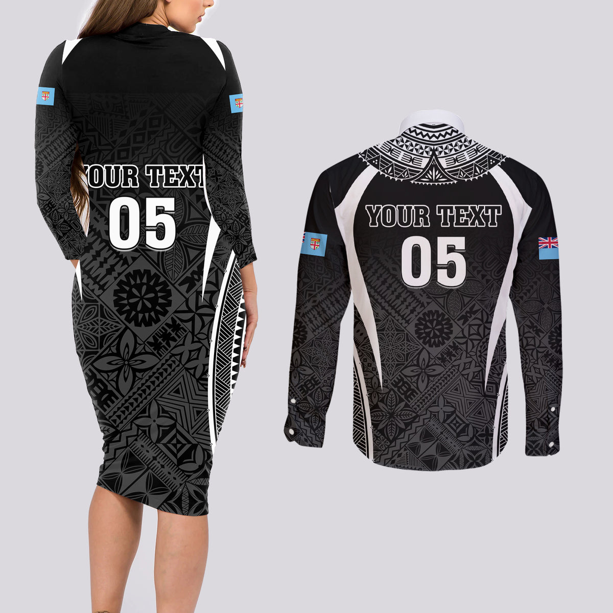 Custom Fiji Rugby Couples Matching Long Sleeve Bodycon Dress and Long Sleeve Button Shirt Fijian Warrior Black LT05 - Polynesian Pride