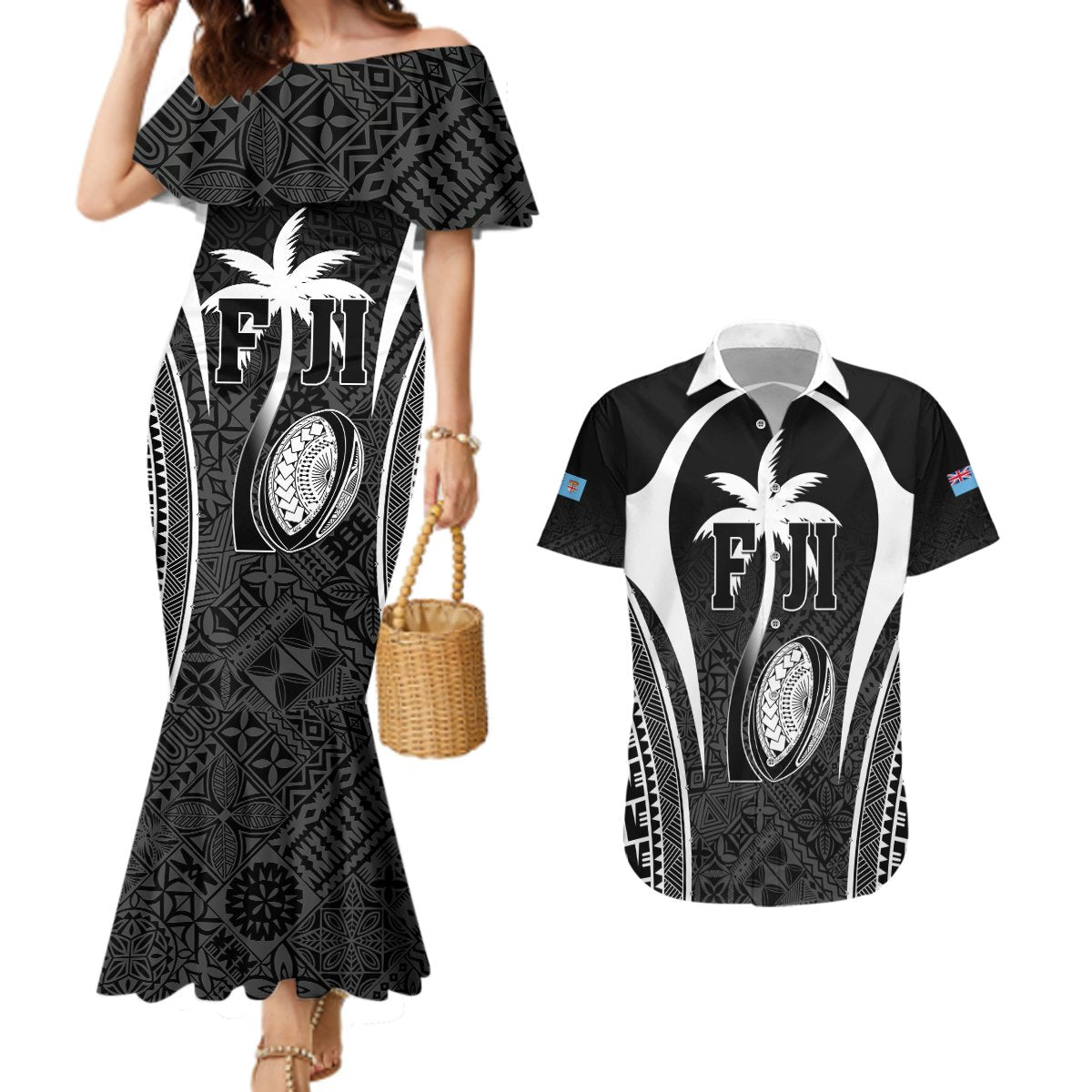 Custom Fiji Rugby Couples Matching Mermaid Dress and Hawaiian Shirt Fijian Warrior Black LT05 Black - Polynesian Pride