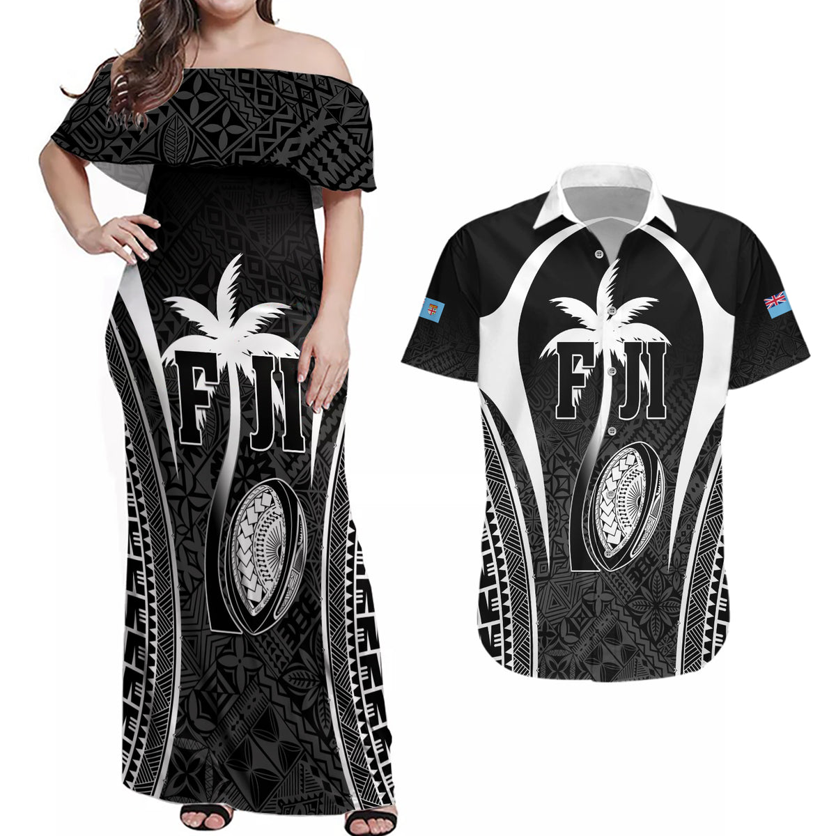 Custom Fiji Rugby Couples Matching Off Shoulder Maxi Dress and Hawaiian Shirt Fijian Warrior Black LT05 Black - Polynesian Pride