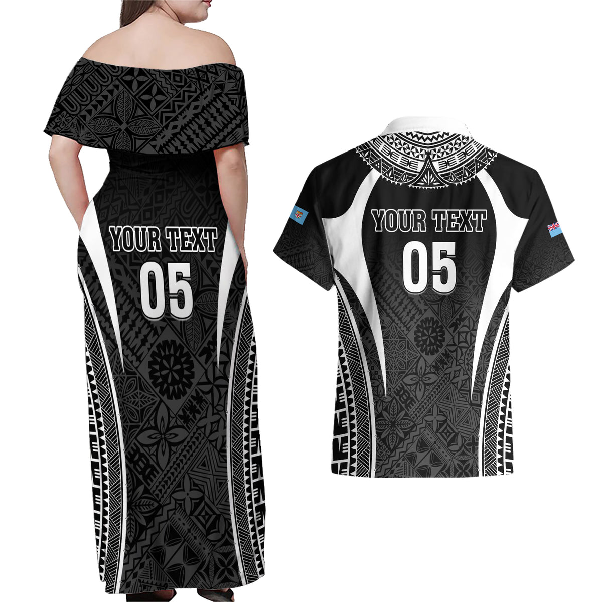 Custom Fiji Rugby Couples Matching Off Shoulder Maxi Dress and Hawaiian Shirt Fijian Warrior Black LT05 - Polynesian Pride