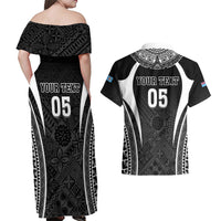 Custom Fiji Rugby Couples Matching Off Shoulder Maxi Dress and Hawaiian Shirt Fijian Warrior Black LT05 - Polynesian Pride