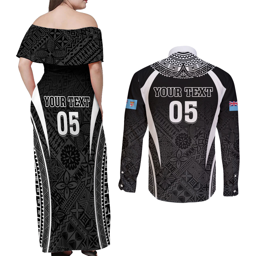 Custom Fiji Rugby Couples Matching Off Shoulder Maxi Dress and Long Sleeve Button Shirt Fijian Warrior Black LT05 - Polynesian Pride