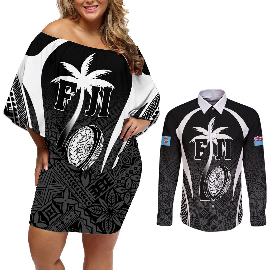 Custom Fiji Rugby Couples Matching Off Shoulder Short Dress and Long Sleeve Button Shirt Fijian Warrior Black LT05 Black - Polynesian Pride