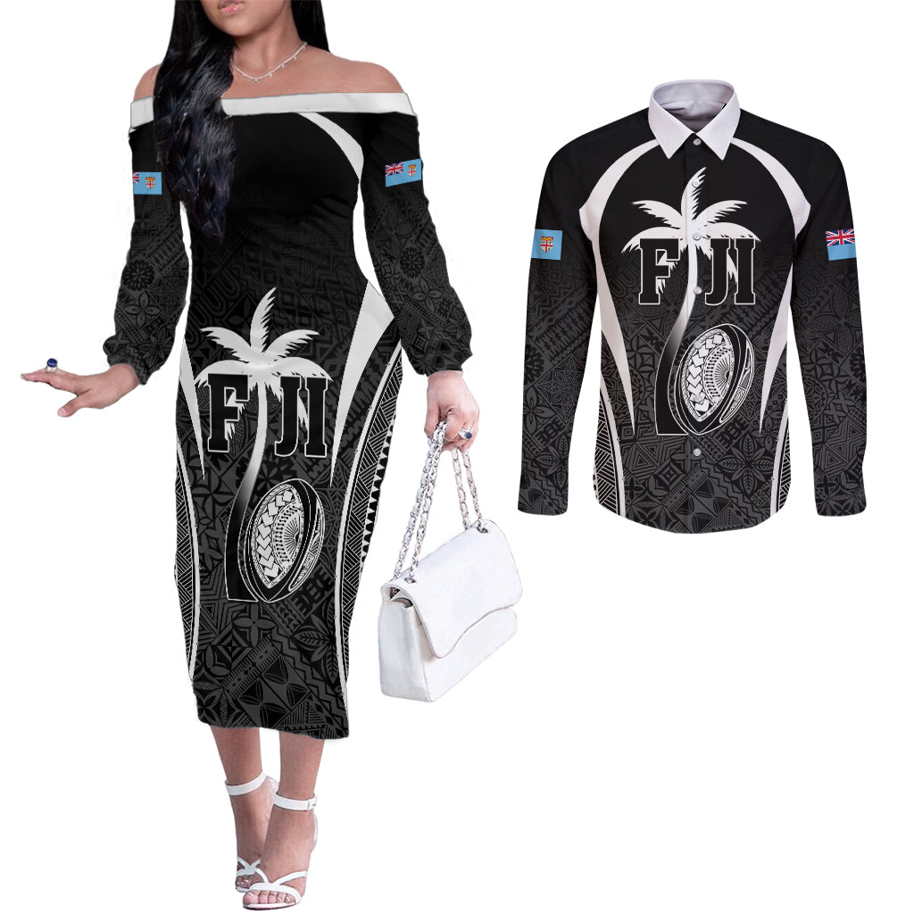 Custom Fiji Rugby Couples Matching Off The Shoulder Long Sleeve Dress and Long Sleeve Button Shirt Fijian Warrior Black LT05 Black - Polynesian Pride