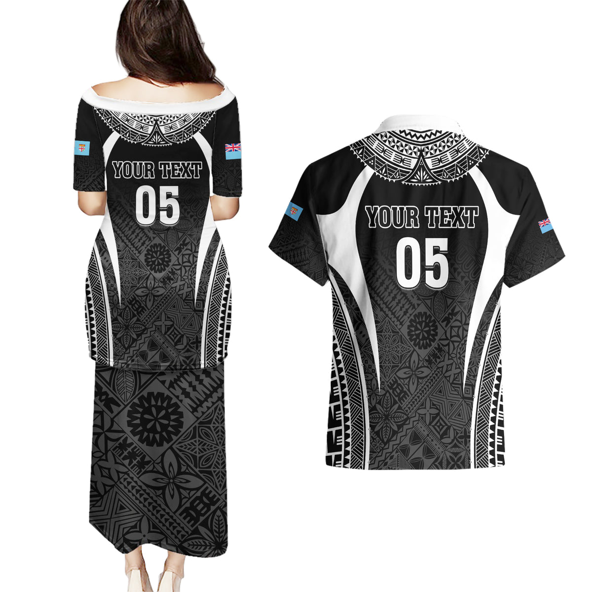 Custom Fiji Rugby Couples Matching Puletasi and Hawaiian Shirt Fijian Warrior Black LT05 - Polynesian Pride