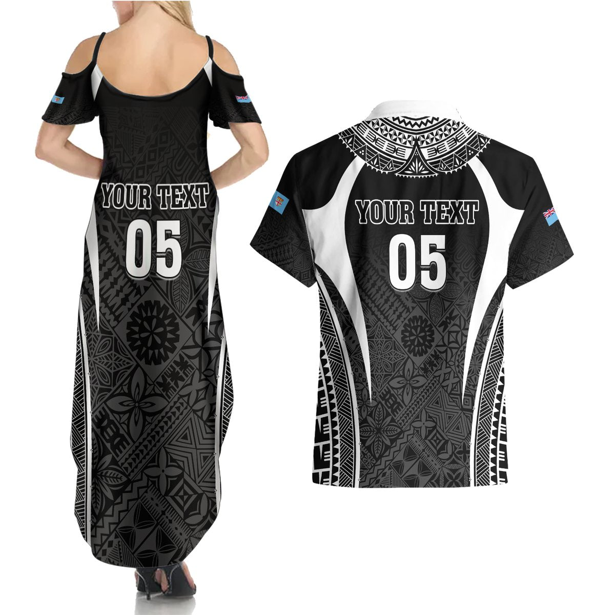 Custom Fiji Rugby Couples Matching Summer Maxi Dress and Hawaiian Shirt Fijian Warrior Black LT05 - Polynesian Pride