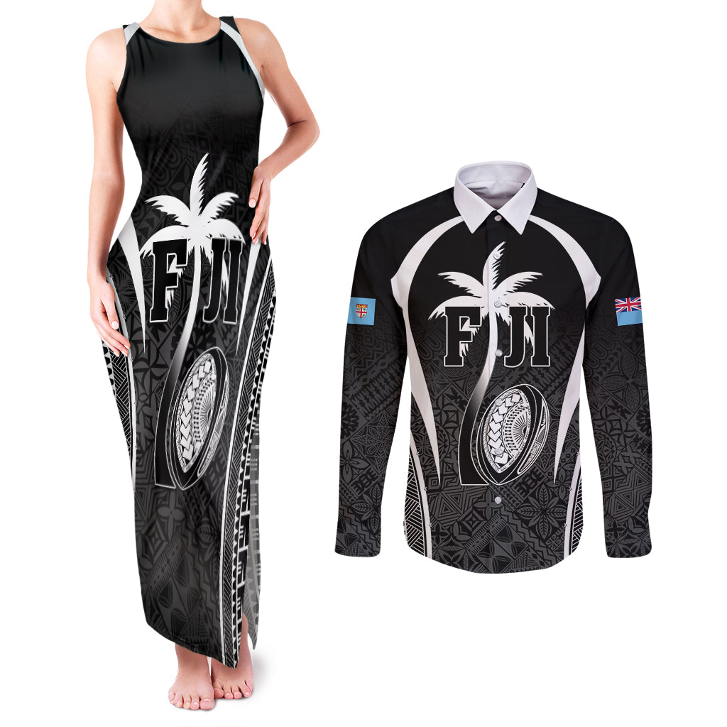 Custom Fiji Rugby Couples Matching Tank Maxi Dress and Long Sleeve Button Shirt Fijian Warrior Black LT05 Black - Polynesian Pride