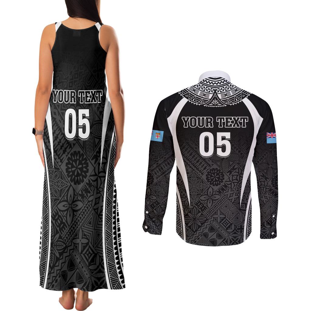 Custom Fiji Rugby Couples Matching Tank Maxi Dress and Long Sleeve Button Shirt Fijian Warrior Black LT05 - Polynesian Pride